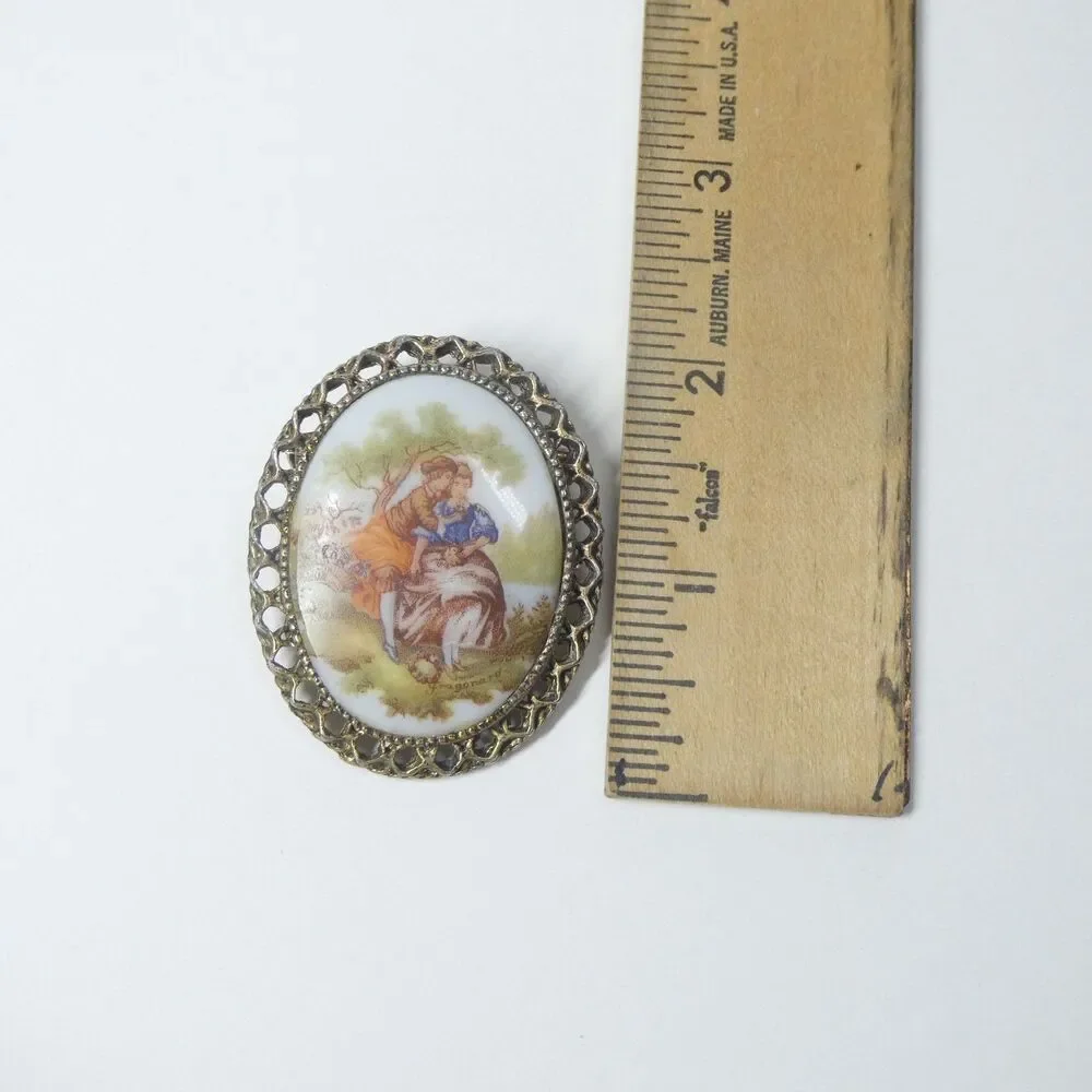 Porcelain Pin w/Brass Filigree Frame Oval Vintage Brooch